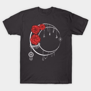 Dark Moon with Black Lines Red Roses T-Shirt